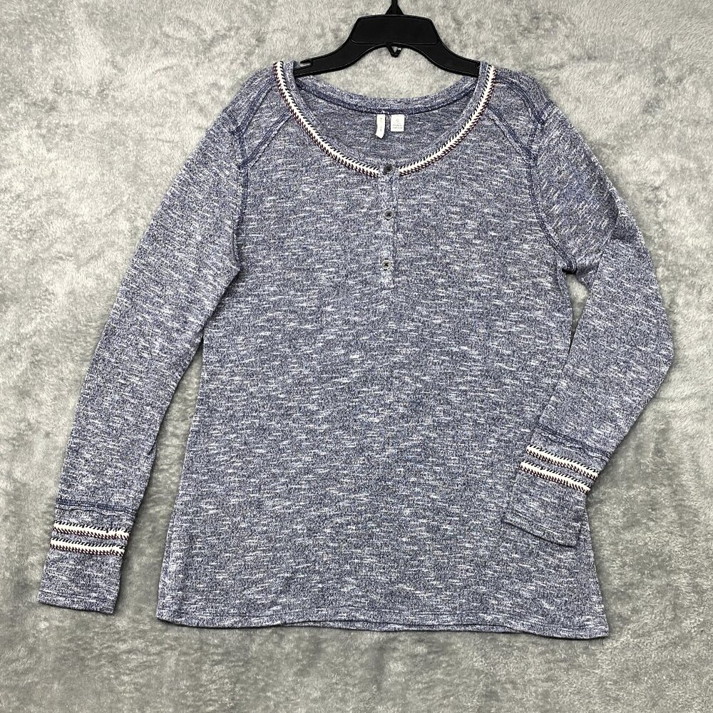 Women's Navy Blue Small Embroidered Long Sleeve Casual Shirt Top